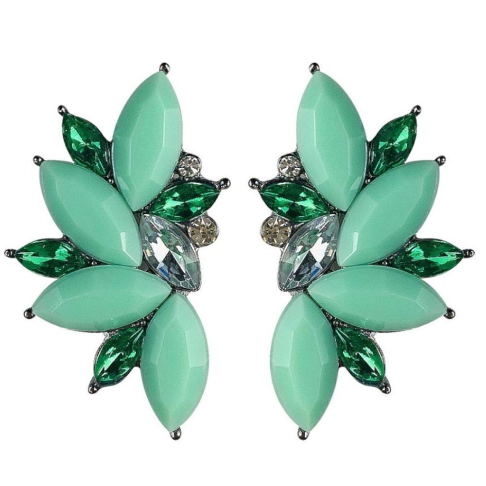 Gun Metal Black with Mint and Emerald Crystal 80's Punk Rock Starburst Earrings